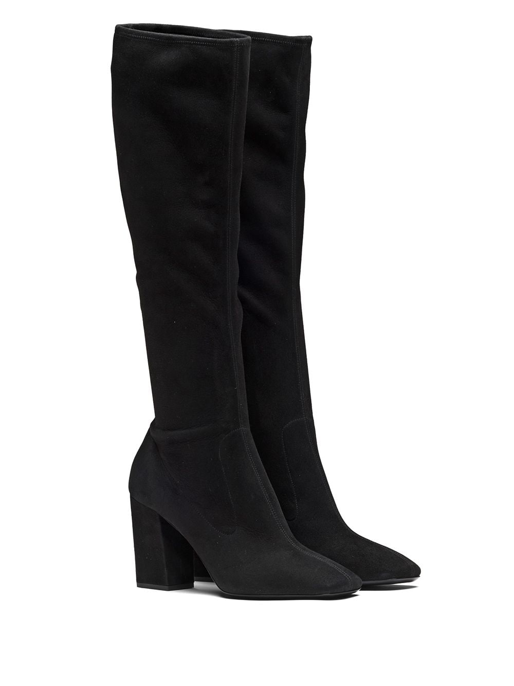black leather mid heel knee high boots