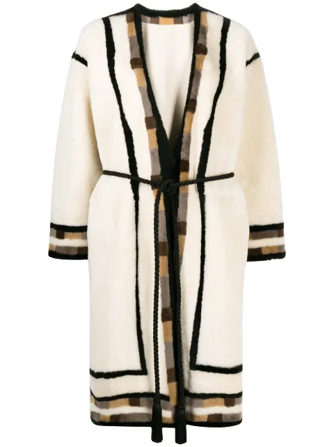Blancha geometric-trim tie-waist coat