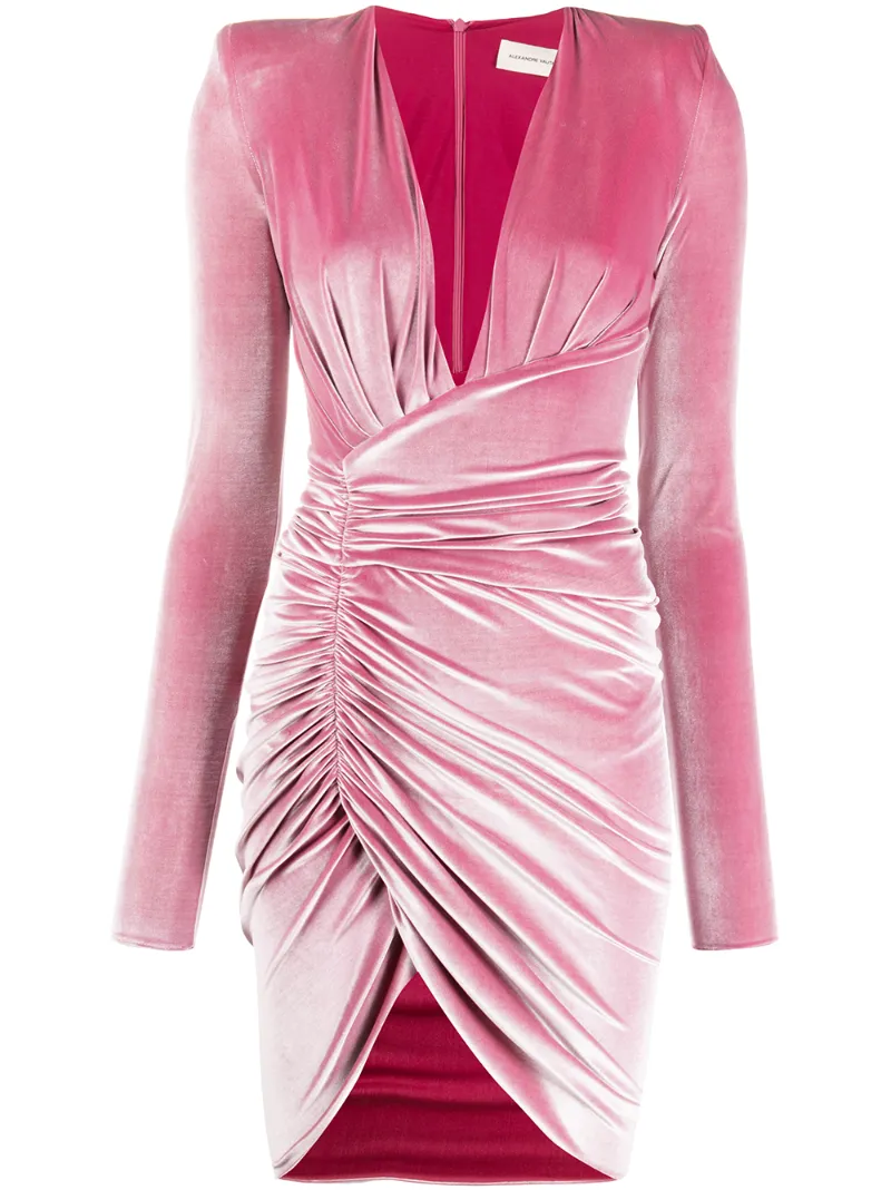Click to view more detailed imagery on our partner's website Alexandre Vauthier Women's Deep V-neck Draped Velvet Cocktail Dress In Pink
