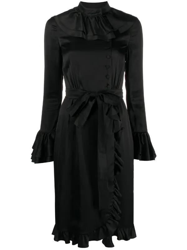 black long sleeve ruffle wrap dress Women's Plus Black Long Sleeve Ruffle Wrap Dress