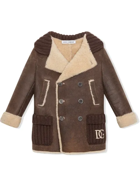 Dolce & Gabbana Kids shearling-trim double-breasted coat