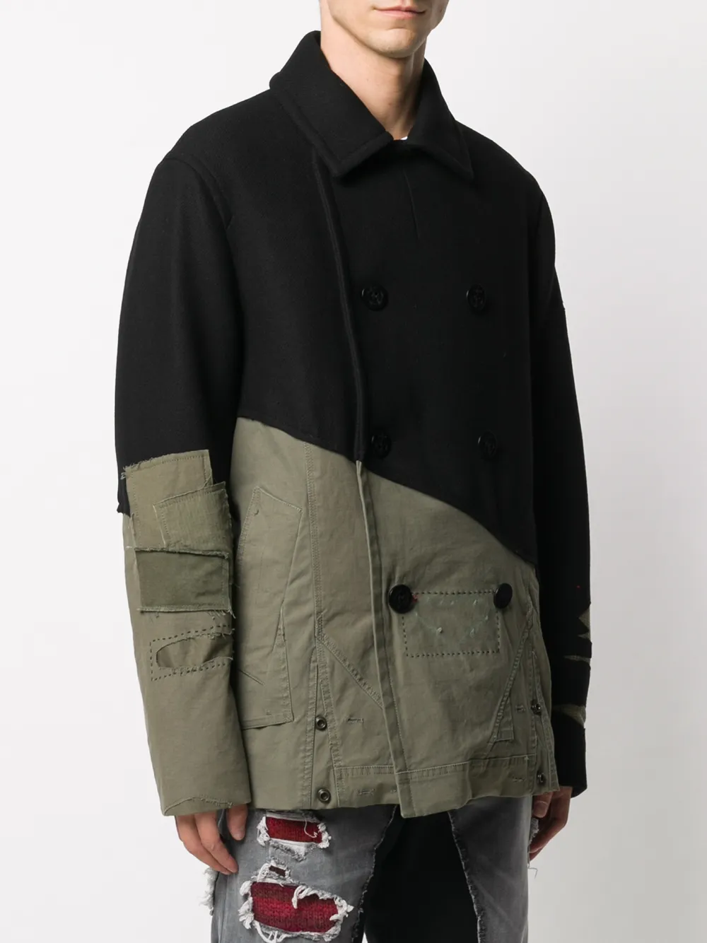 Greg Lauren X Paul & Shark contrast panel distressed peacoat