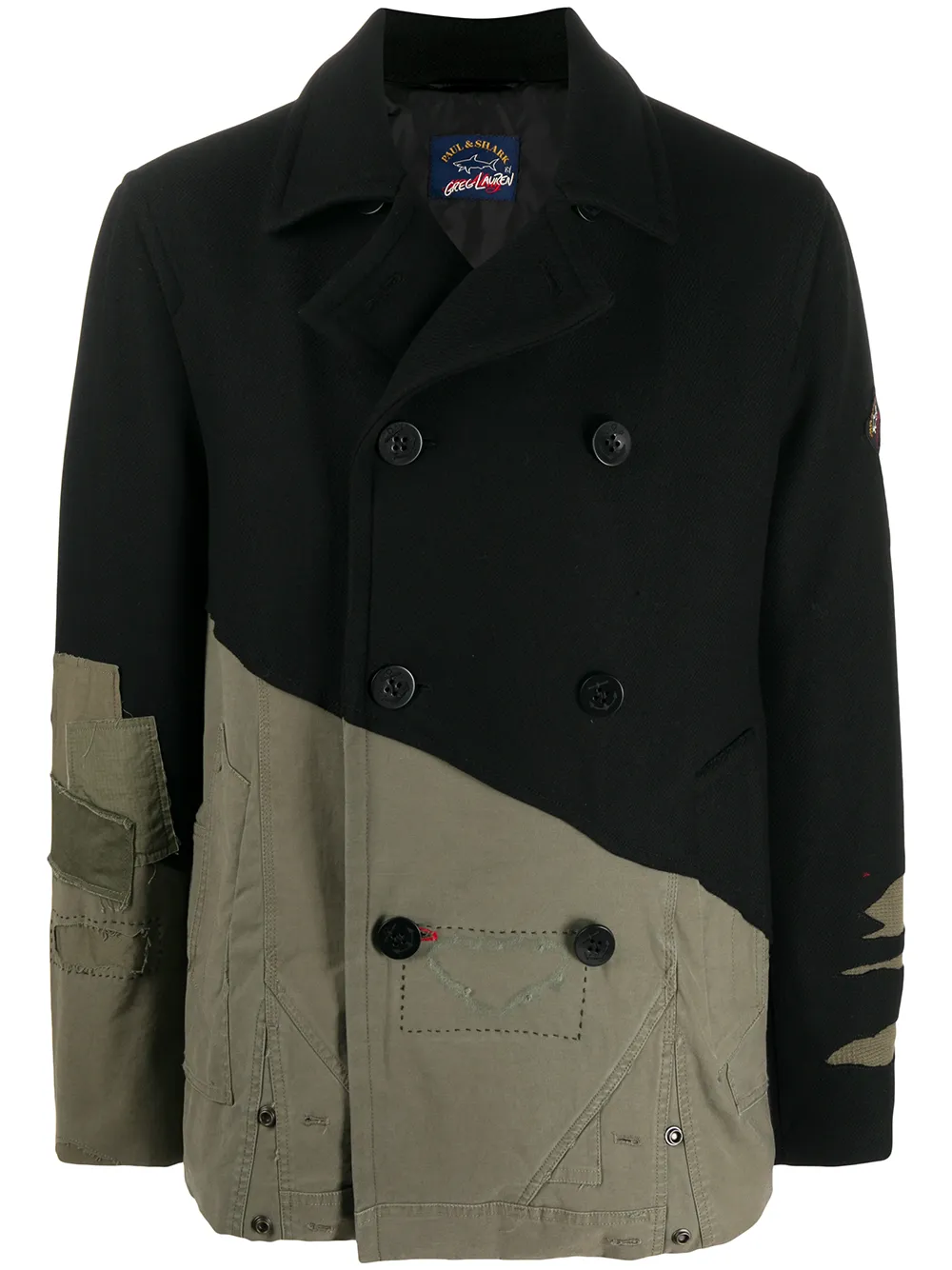 Greg Lauren X Paul & Shark contrast panel distressed peacoat