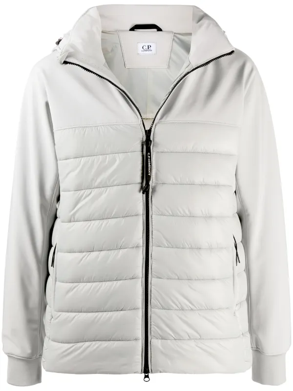 panelled jersey and quilted shell down jacket