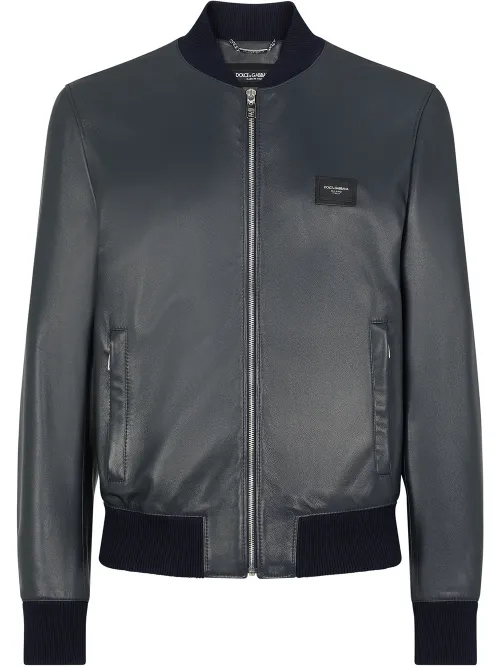 Veste bomber en cuir à plaque logo - Dolce & Gabbana - Modalova
