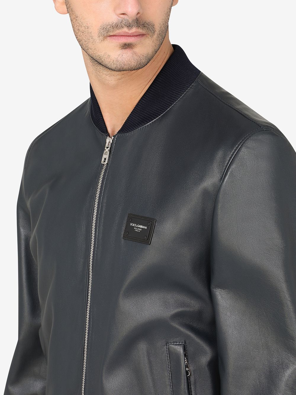 Shop Dolce & Gabbana Logo-tag Leather Bomber Jacket In Black