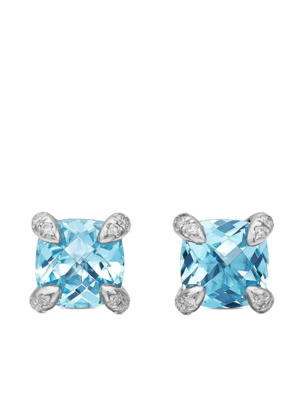David Yurman Sterling Silver Petite Chatelaine Topaz and Diamond Stud Earrings (6mm) in Blue