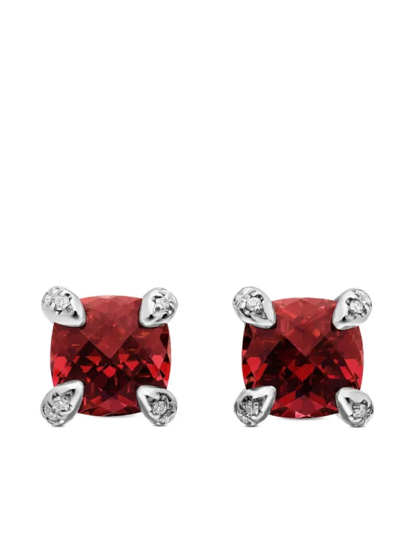 David Yurman Sterling Silver Petite Chatelaine Rhodolite Garnet and Diamond Stud Earrings (6mm) in Red