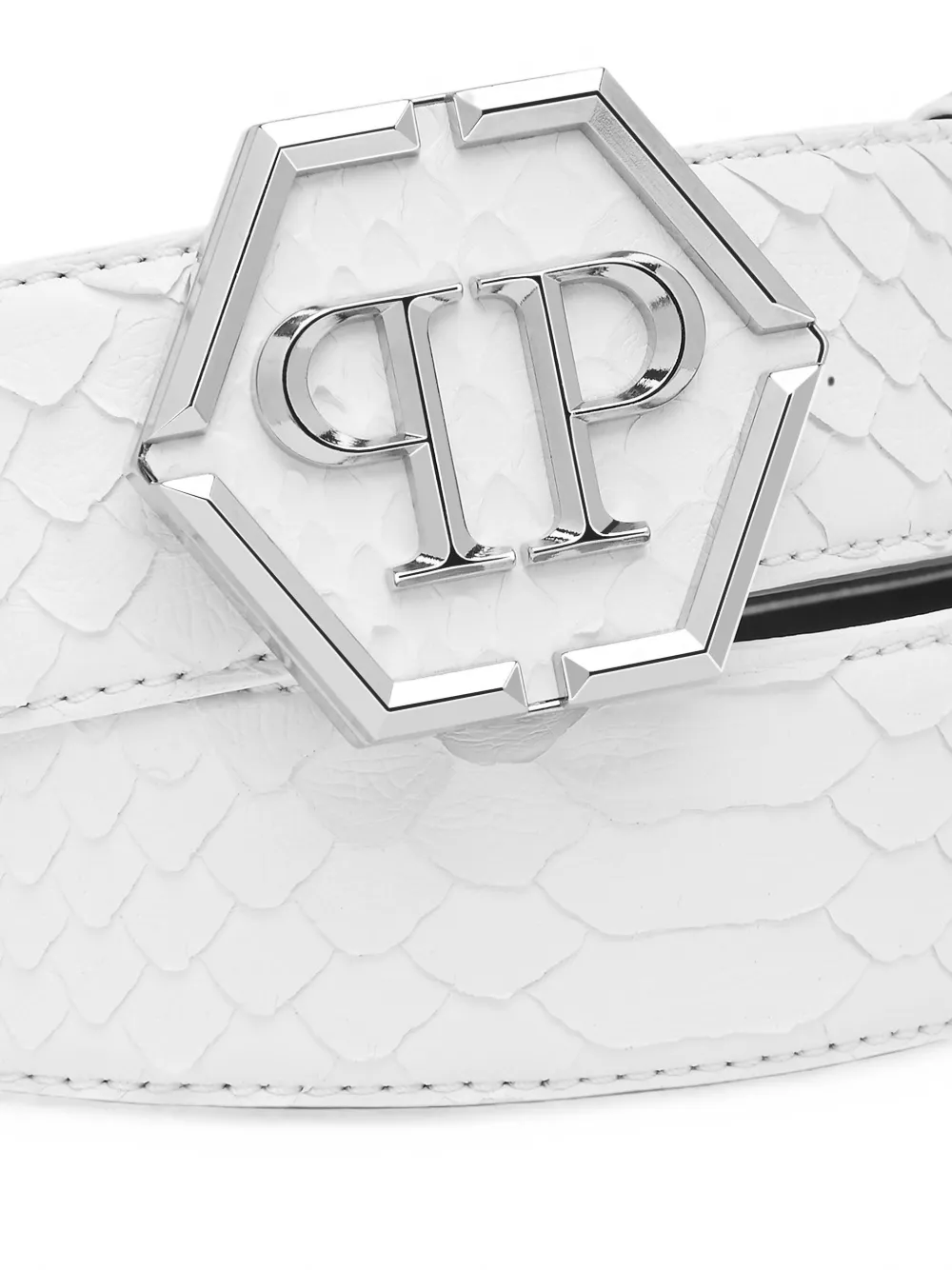 Philipp Plein Zeshoekige riem met python-effect en logo-gesp Wit