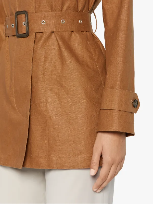 SHORT ROSLIN Dark Tan RAINTEC Linen Single Breasted trench Coat | LMS-061