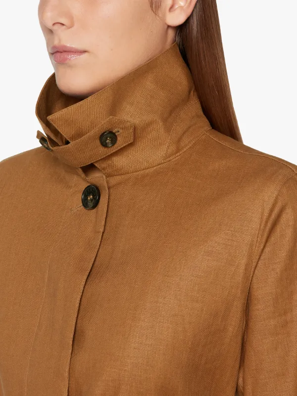 SHORT ROSLIN Dark Tan RAINTEC Linen Single Breasted trench Coat | LMS-061