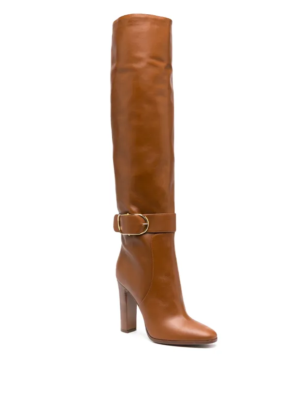 tan block heel knee high boots