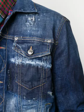 rhinestone slogan distressed denim jacket展示图