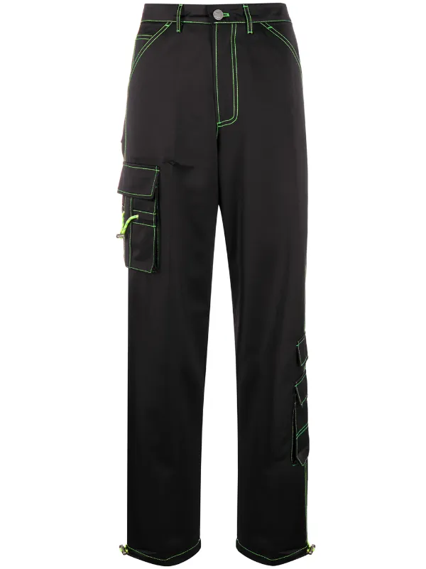 black cargo trousers with white stitching