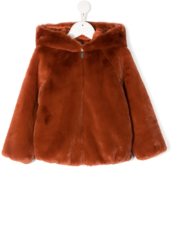 brown hooded faux fur jacket