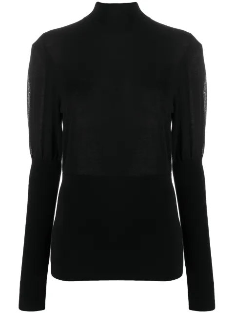black sweater with gold buttons on sleeves