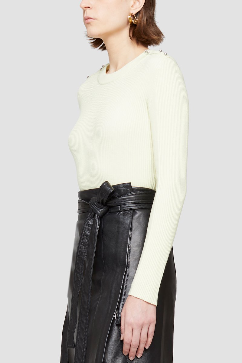 Ribbed Crewneck Sweater-yellow #1 Ribbed Crewneck Sweater, Banana-yellow stretch-wool blend ribbed-knit studded jumper from 3.1 PHILLIP LIM featuring fine ribbed, silver-tone stud detailing, crew neck, long sleeves and straight hem.- 1