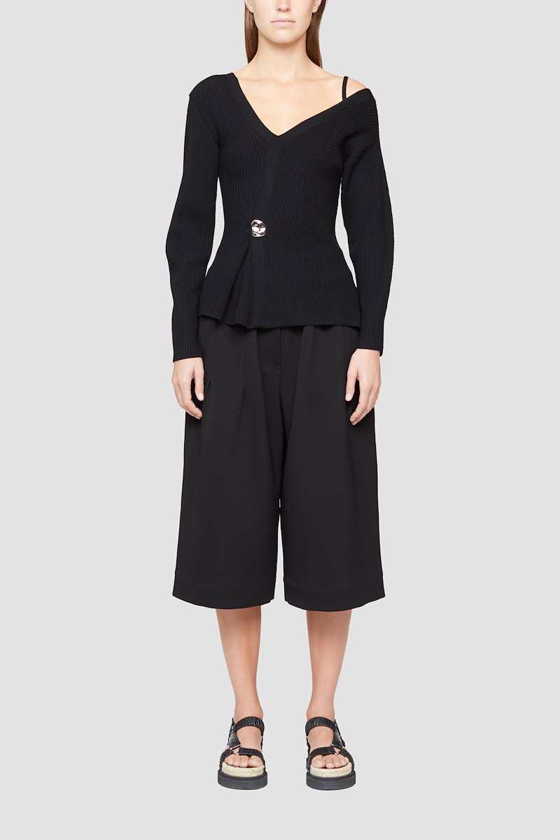 Ribbed Off Shoulder Sweater-black #0 Ribbed Off Shoulder Sweater, Black merino-blend ribbed-knit asymmetric jumper from 3.1 PHILLIP LIM featuring ribbed knit, V-neck, long sleeves and straight hem.- 0