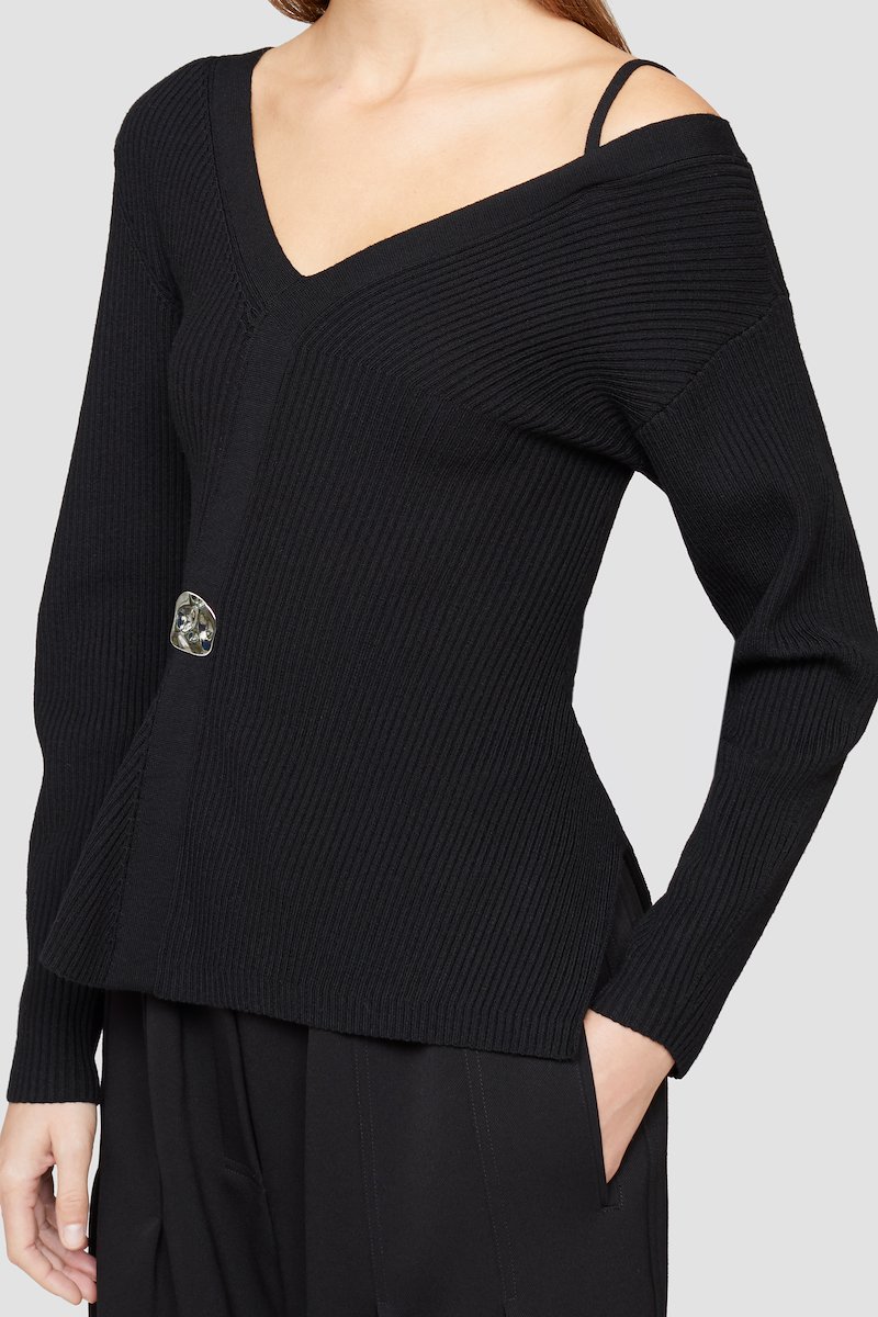 Ribbed Off Shoulder Sweater-black #0 Ribbed Off Shoulder Sweater, Black merino-blend ribbed-knit asymmetric jumper from 3.1 PHILLIP LIM featuring ribbed knit, V-neck, long sleeves and straight hem.- 4