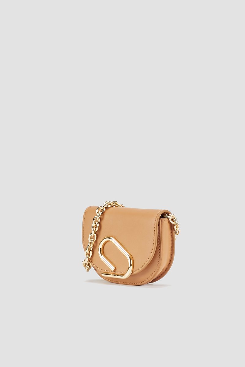 Alix Mini Cardcase On Chain-brown #1 Alix Mini Cardcase On Chain, Camel-brown calf leather mini Alix wallet bag from 3.1 PHILLIP LIM featuring gold-tone hardware, chain-link shoulder strap, front flap closure, magnetic fastening, main compartment and slip pocket to the front.- 3