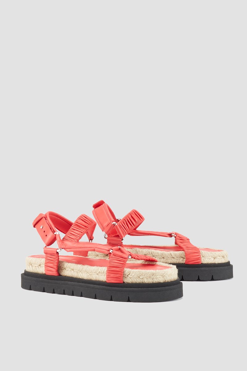 Noa Strappy Platform Slide-red #1 Noa Strappy Platform Slide, Red leather ruched flatform sandals from 3.1 PHILLIP LIM featuring ruched detailing, ridged rubber sole, ankle touch-strap fastening, open toe and espadrille sole.- 1