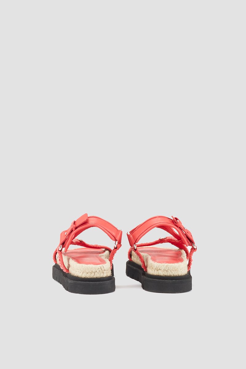 Noa Strappy Platform Slide-red #0 Noa Strappy Platform Slide, Red leather ruched flatform sandals from 3.1 PHILLIP LIM featuring ruched detailing, ridged rubber sole, ankle touch-strap fastening, open toe and espadrille sole.- 4
