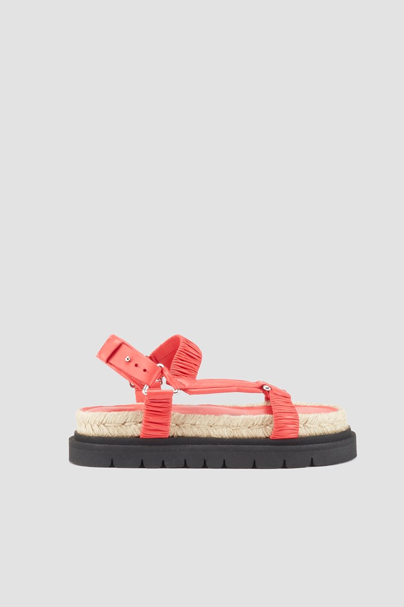 Noa Strappy Platform Slide-red #0 Noa Strappy Platform Slide, Red leather ruched flatform sandals from 3.1 PHILLIP LIM featuring ruched detailing, ridged rubber sole, ankle touch-strap fastening, open toe and espadrille sole.- 2