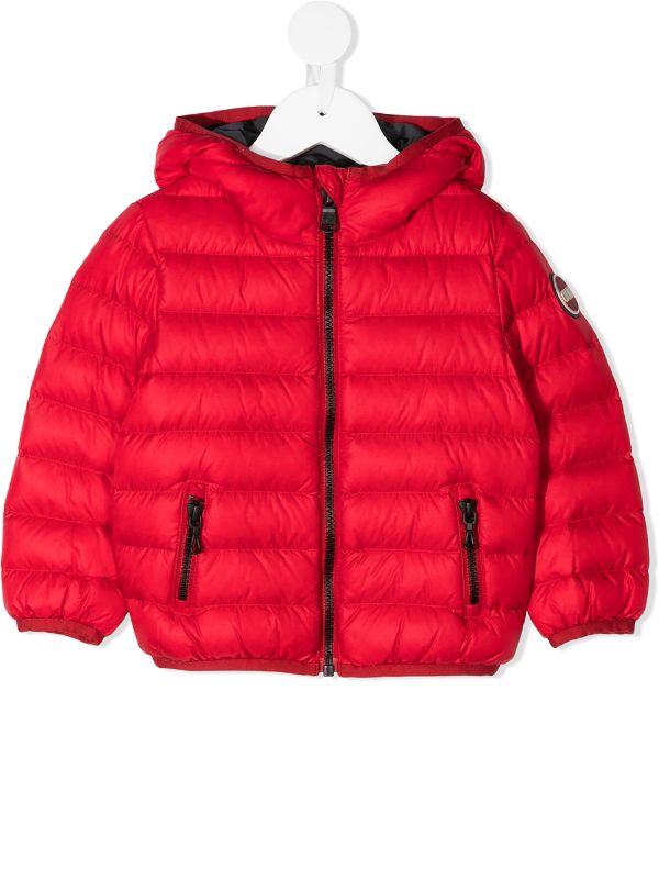 red hooded down jacket