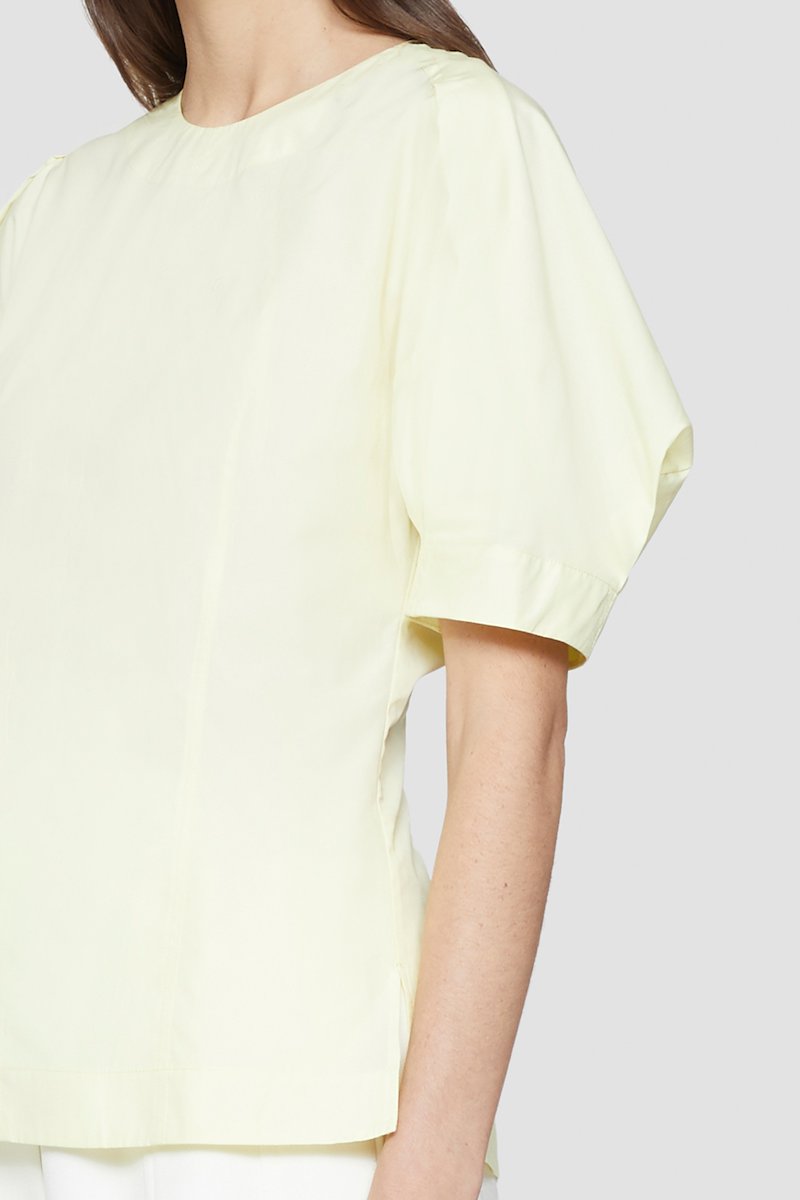 Back Zip Short Sleeve Top, Banana-yellow cotton puff-sleeved cotton blouse from 3.1 PHILLIP LIM featuring pleat detailing, round neck, concealed rear zip fastening, short puff sleeves and straight hem.- 3