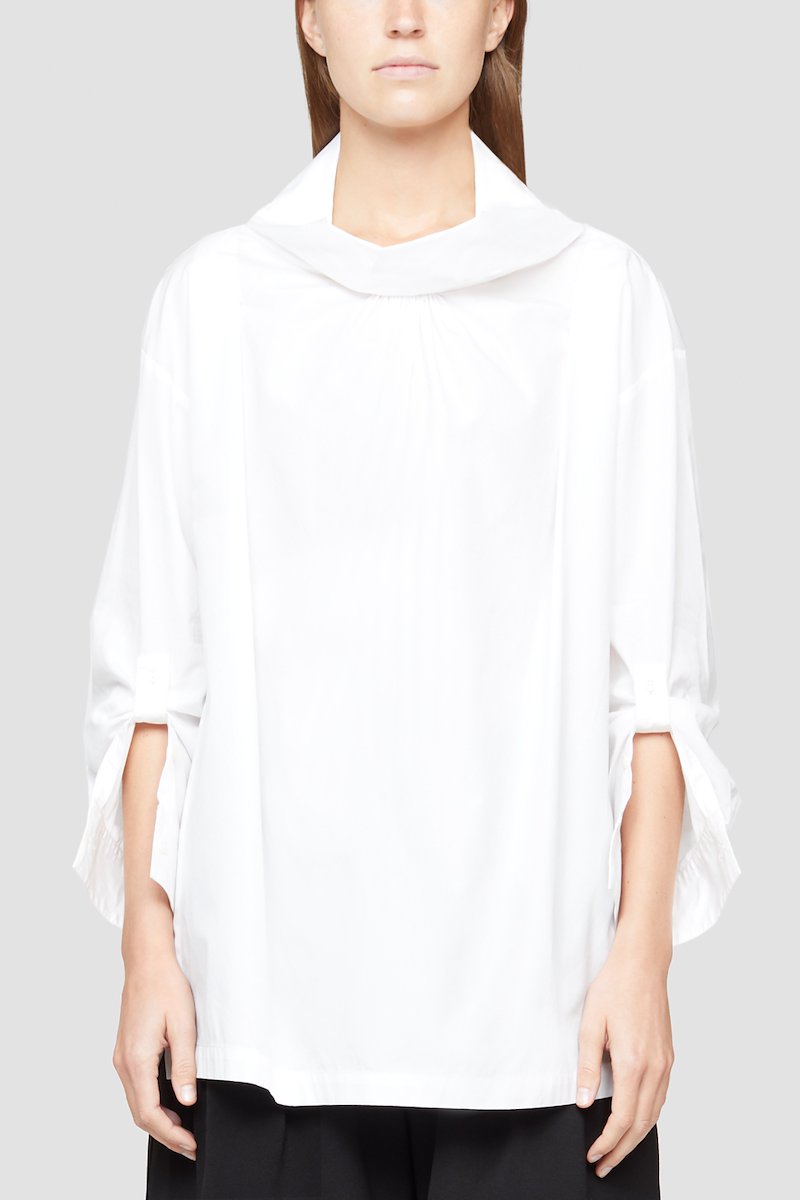Draped Collar Shirt-white #0 Draped Collar Shirt, White cotton cowl-neck top from 3.1 PHILLIP LIM featuring gathered detailing, cowl neck, buttoned cuffs and poplin.- 2