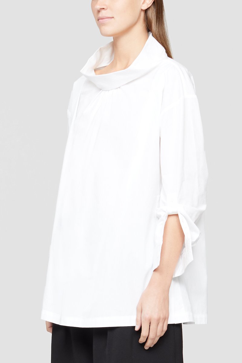 Draped Collar Shirt-white #1 Draped Collar Shirt, White cotton cowl-neck top from 3.1 PHILLIP LIM featuring gathered detailing, cowl neck, buttoned cuffs and poplin.- 3
