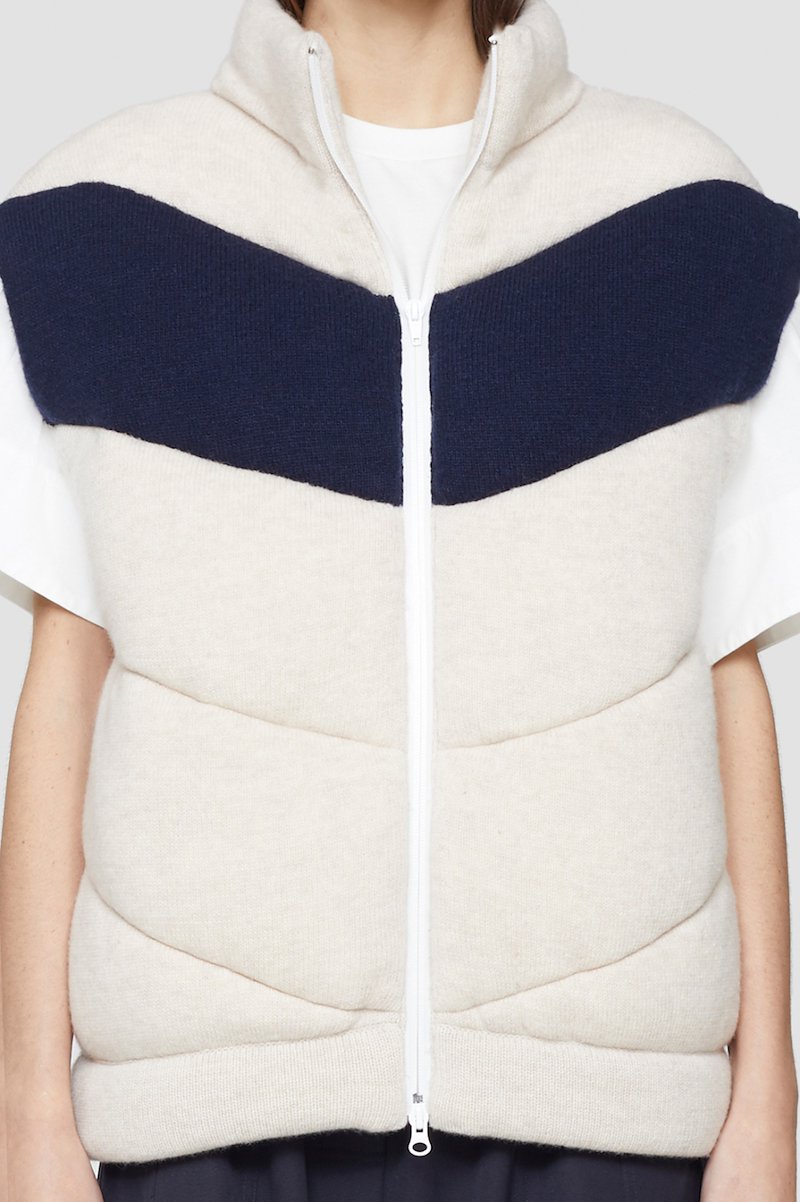 Padded Wool Sweater Vest-neutrals #1 Padded Wool Sweater Vest, Oyster/navy wool zip-up padded wool gilet from 3.1 PHILLIP LIM featuring padded design, chevron quilting, colour-block panelled design, sleeveless and front two-way zip fastening.- 5