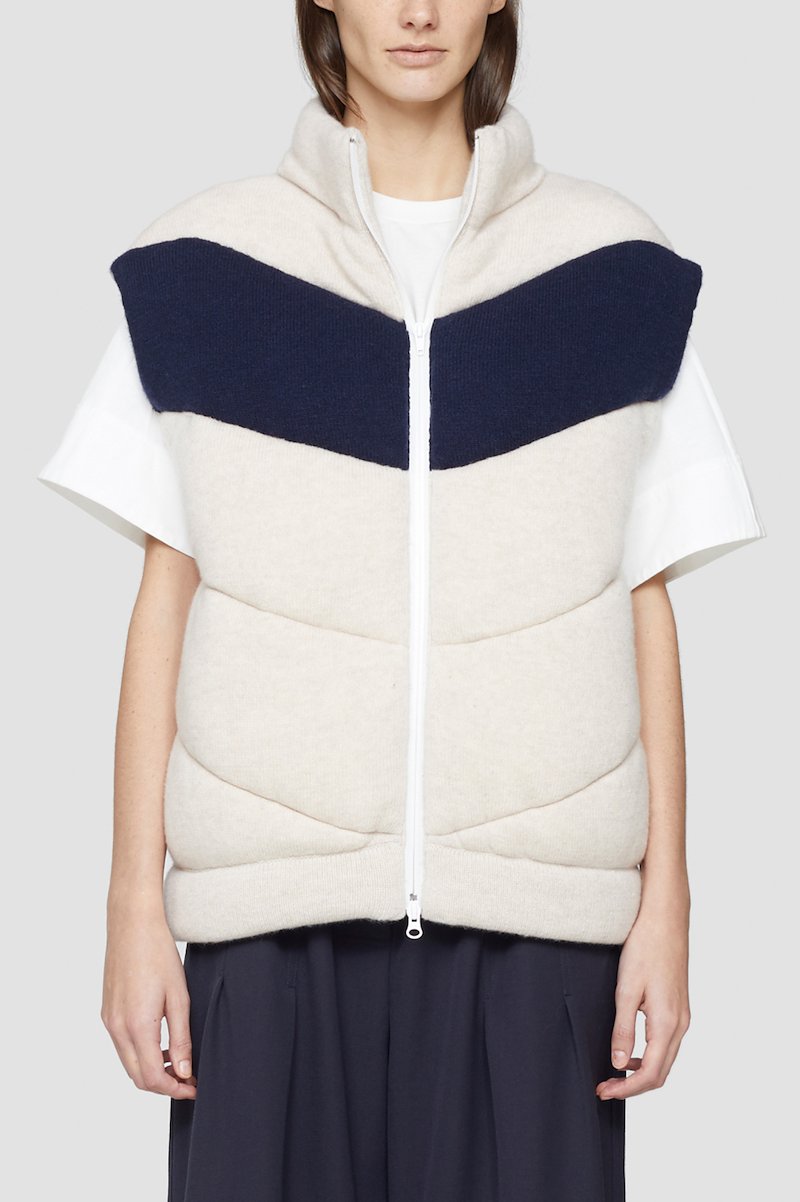 Padded Wool Sweater Vest-neutrals #0 Padded Wool Sweater Vest, Oyster/navy wool zip-up padded wool gilet from 3.1 PHILLIP LIM featuring padded design, chevron quilting, colour-block panelled design, sleeveless and front two-way zip fastening.- 2