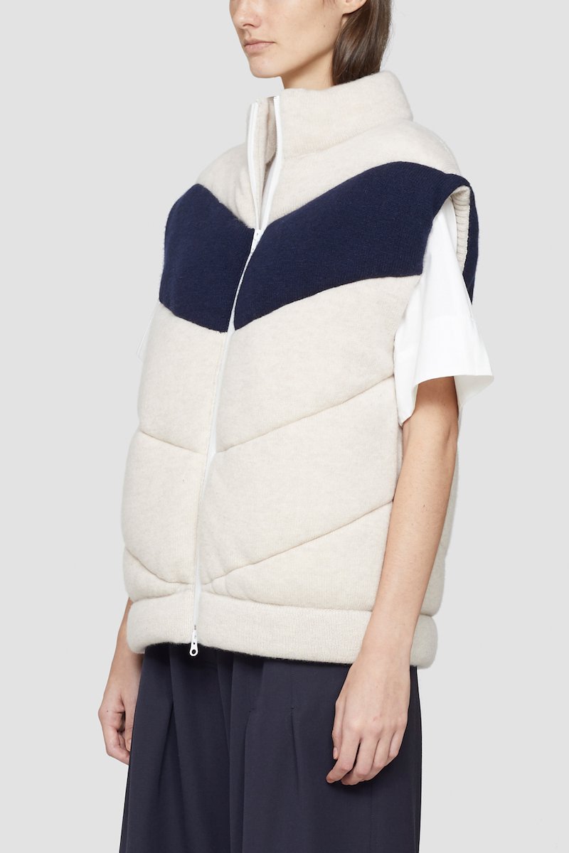 Padded Wool Sweater Vest-neutrals #1 Padded Wool Sweater Vest, Oyster/navy wool zip-up padded wool gilet from 3.1 PHILLIP LIM featuring padded design, chevron quilting, colour-block panelled design, sleeveless and front two-way zip fastening.- 3