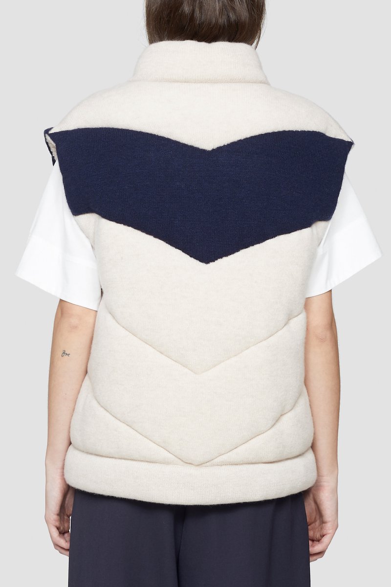 Padded Wool Sweater Vest-neutrals #0 Padded Wool Sweater Vest, Oyster/navy wool zip-up padded wool gilet from 3.1 PHILLIP LIM featuring padded design, chevron quilting, colour-block panelled design, sleeveless and front two-way zip fastening.- 4