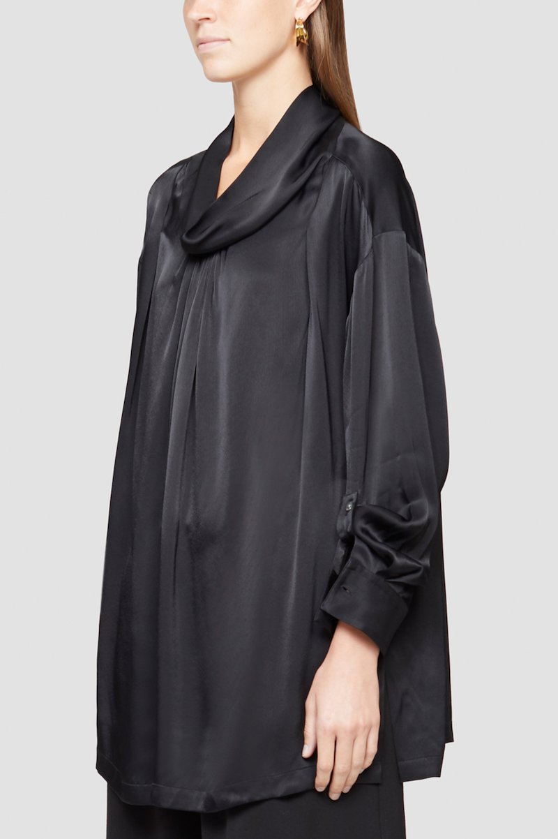 Draped Collar Shirt-black #1 Draped Collar Shirt, Black cowl-neck satin blouse from 3.1 PHILLIP LIM featuring satin finish, cowl neck, long sleeves, buttoned cuffs and straight hem.- 3