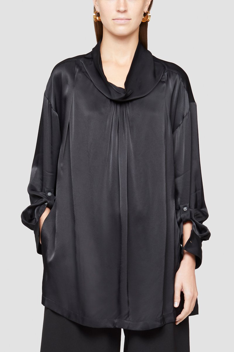 Draped Collar Shirt-black #1 Draped Collar Shirt, Black cowl-neck satin blouse from 3.1 PHILLIP LIM featuring satin finish, cowl neck, long sleeves, buttoned cuffs and straight hem.- 1