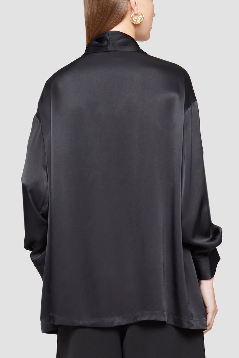 Draped Collar Shirt-black #0 Draped Collar Shirt, Black cowl-neck satin blouse from 3.1 PHILLIP LIM featuring satin finish, cowl neck, long sleeves, buttoned cuffs and straight hem.- 4