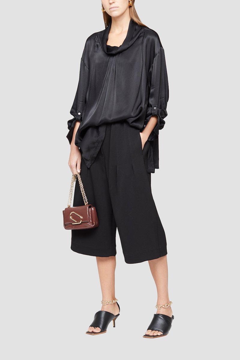Draped Collar Shirt-black #0 Draped Collar Shirt, Black cowl-neck satin blouse from 3.1 PHILLIP LIM featuring satin finish, cowl neck, long sleeves, buttoned cuffs and straight hem.- 6