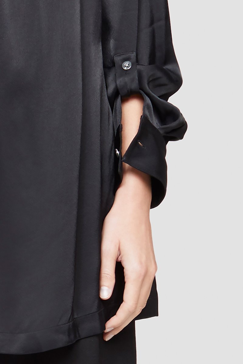 Draped Collar Shirt-black #1 Draped Collar Shirt, Black cowl-neck satin blouse from 3.1 PHILLIP LIM featuring satin finish, cowl neck, long sleeves, buttoned cuffs and straight hem.- 5