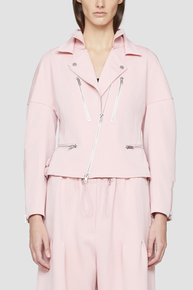 Twill Biker Jacket-pink #1 Twill Biker Jacket, Blossom pink twill biker jacket from 3.1 PHILLIP LIM featuring silver-tone hardware, notched lapels, off-centre front zip fastening, long sleeves and front zip fastening pockets.- 3