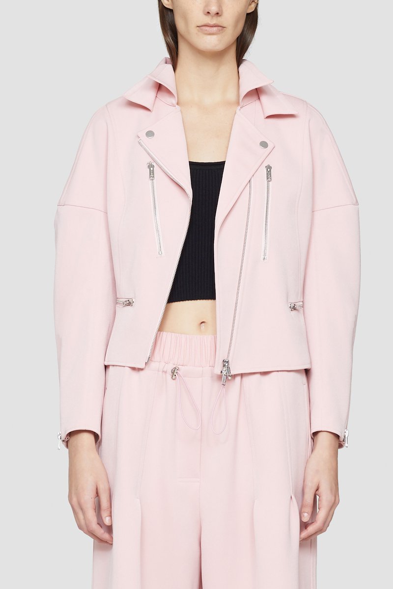 Twill Biker Jacket-pink #0 Twill Biker Jacket, Blossom pink twill biker jacket from 3.1 PHILLIP LIM featuring silver-tone hardware, notched lapels, off-centre front zip fastening, long sleeves and front zip fastening pockets.- 2