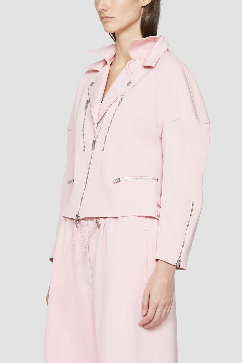 Twill Biker Jacket-pink #0 Twill Biker Jacket, Blossom pink twill biker jacket from 3.1 PHILLIP LIM featuring silver-tone hardware, notched lapels, off-centre front zip fastening, long sleeves and front zip fastening pockets.- 4