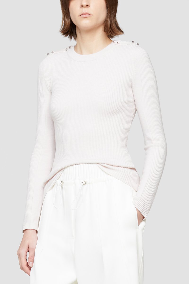 Ribbed Crewneck Sweater-pink #0 Ribbed Crewneck Sweater, Blush-pink wool blend fine-knit studded jumper from 3.1 PHILLIP LIM featuring fine ribbed, silver-tone stud detailing, crew neck, long sleeves and straight hem.- 0