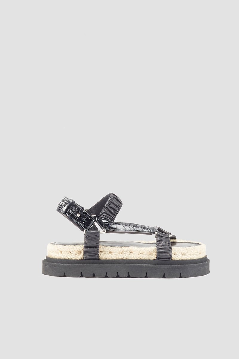 Noa Strappy Platform Slide-black #0 Noa Strappy Platform Slide, Black calf leather Noa strappy flat sandals from 3.1 PHILLIP LIM featuring ruched detailing, strap detailing, open toe, round toe, snap fastening, branded insole, braided raffia sole and ridged rubber sole.- 0