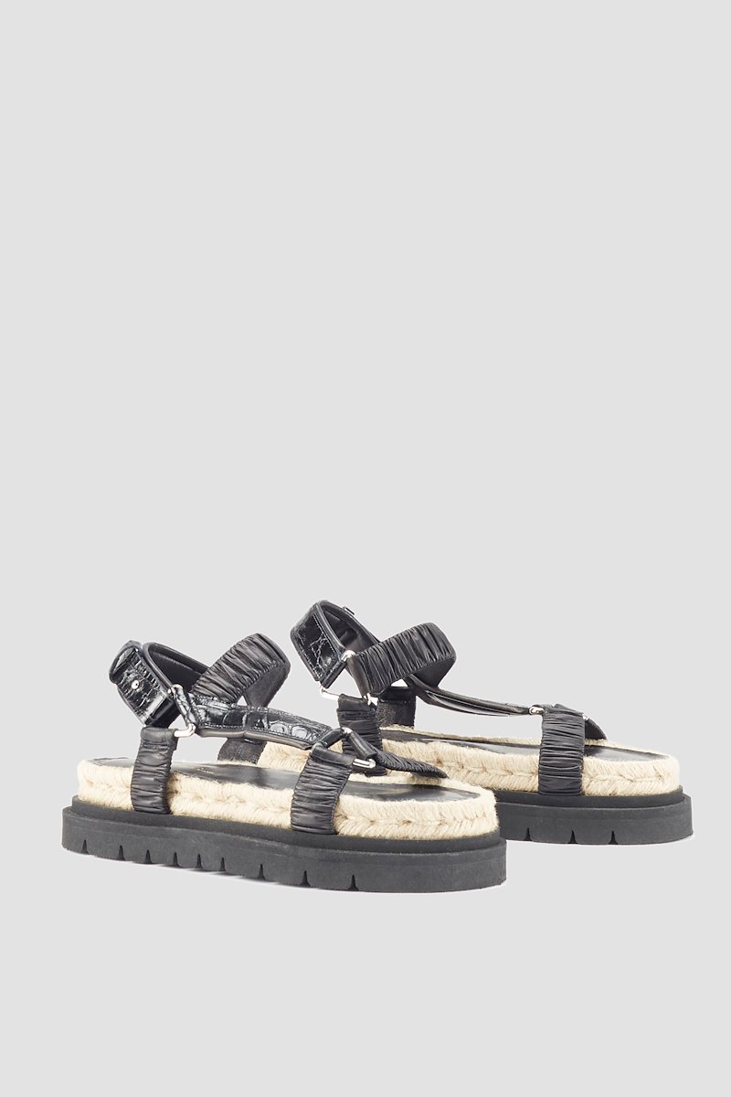 Noa Strappy Platform Slide-black #1 Noa Strappy Platform Slide, Black calf leather Noa strappy flat sandals from 3.1 PHILLIP LIM featuring ruched detailing, strap detailing, open toe, round toe, snap fastening, branded insole, braided raffia sole and ridged rubber sole.- 1