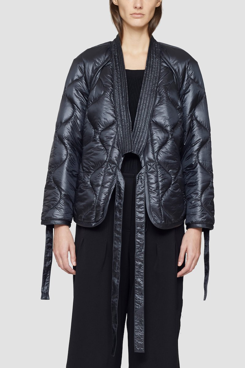 Padded Nylon Utility Kimono Jacket-black #0 Padded Nylon Utility Kimono Jacket, Black padded wrap jacket from 3.1 PHILLIP LIM featuring padded design, quilted, wraparound style, no lapels, belted waist, long sleeves and two side slit pockets.- 0