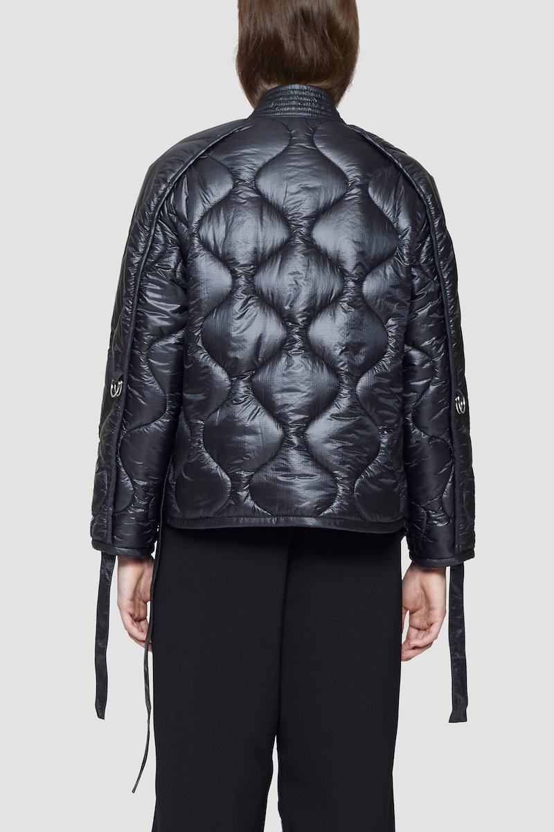 Padded Nylon Utility Kimono Jacket, Black padded wrap jacket from 3.1 PHILLIP LIM featuring padded design, quilted, wraparound style, no lapels, belted waist, long sleeves and two side slit pockets.- 3