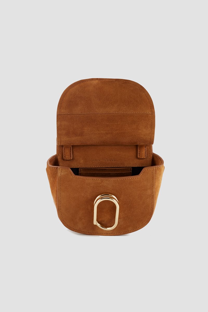 Alix Mini Hunter-brown #1 Alix Mini Hunter, Cinnamon-brown calf suede mini Alix Hunter crossbody bag from 3.1 PHILLIP LIM featuring gold-tone hardware, adjustable shoulder strap, front flap closure, push-lock fastening, main compartment and internal card slots.- 3