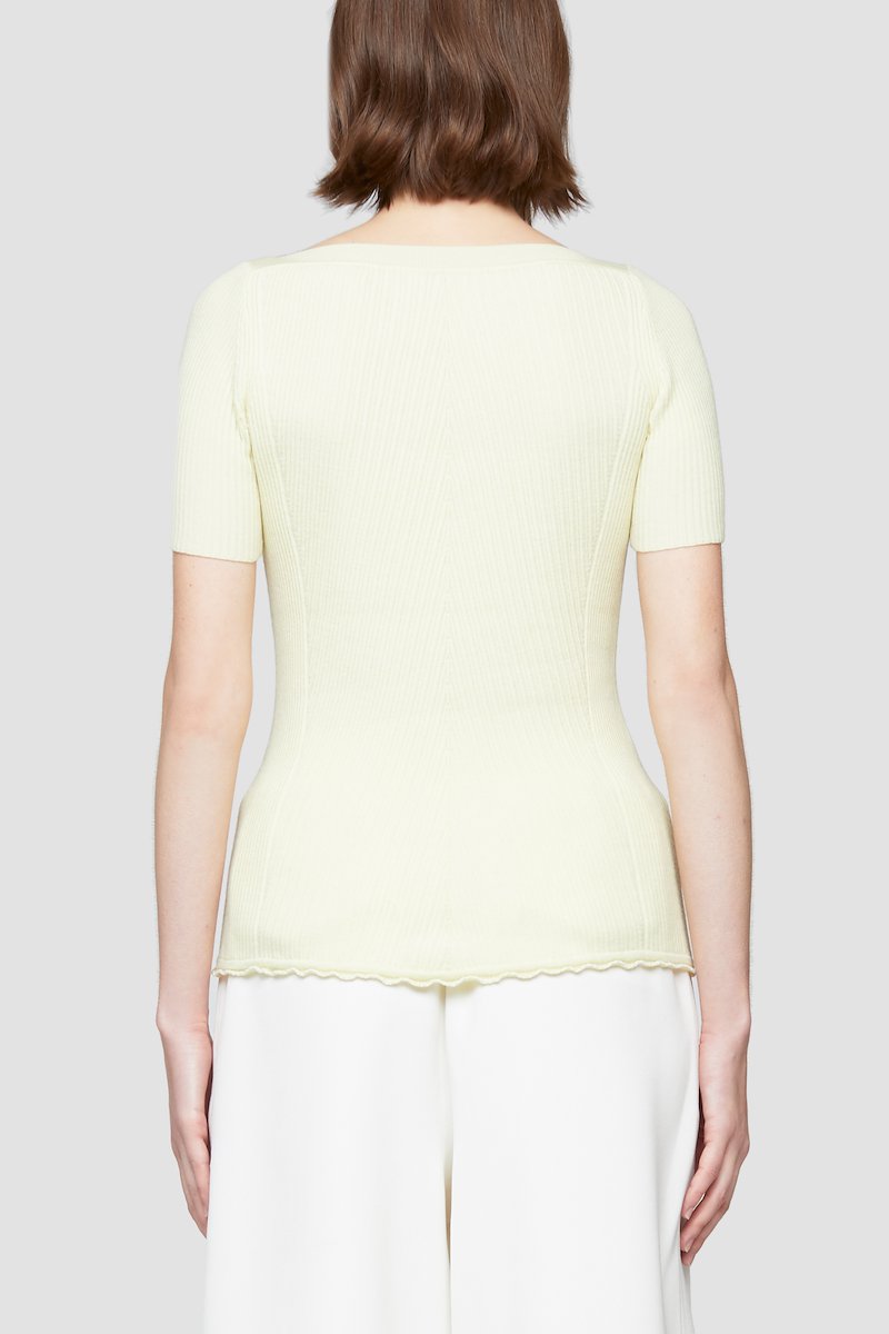 Open Neck Short Sleeve Ribbed Sweater-yellow #0 Open Neck Short Sleeve Ribbed Sweater, Banana-yellow stretch-wool blend square-neck ribbed-knit top from 3.1 PHILLIP LIM featuring fine ribbed, square neck, short sleeves and scallop hem.- 2